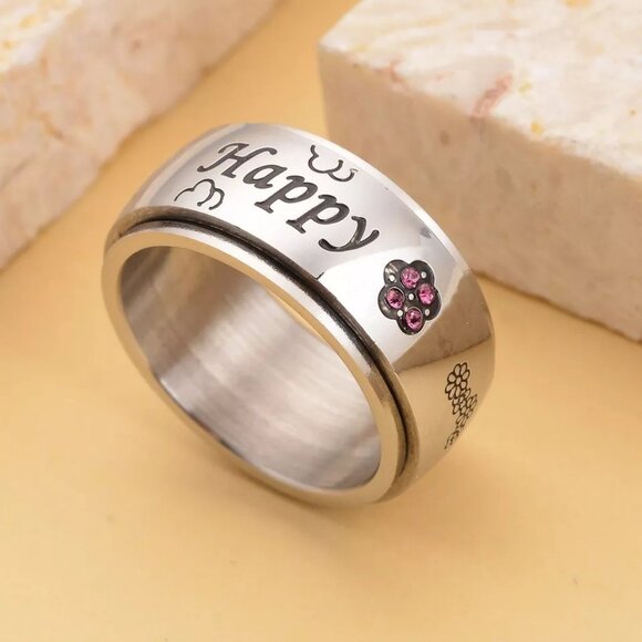 Happy Engraved Spinner Ring Austrian Crystal & Enameled Purple Size 10 - Picture 6 of 6